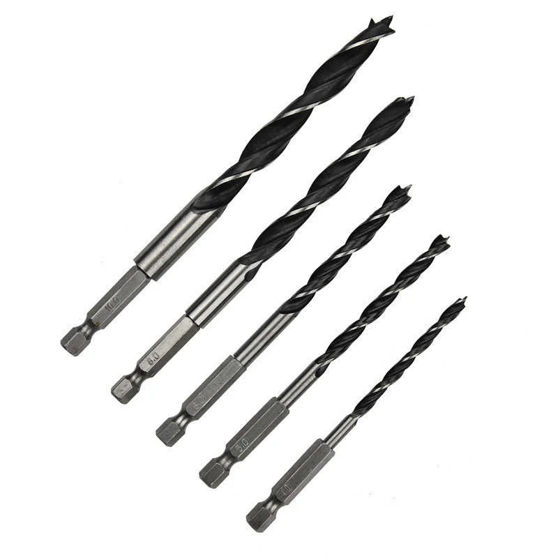 5pcs High Quality4.0/ 5.0/6.0/8.0/10.0mm  Hexagonal Handle Three Pointed Woodworking Drill Bit Set Reaming Hole Power Tool Parts