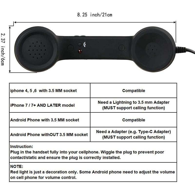 Microfone receptor de telefone retrô para celular, soquete de 3,5 mm