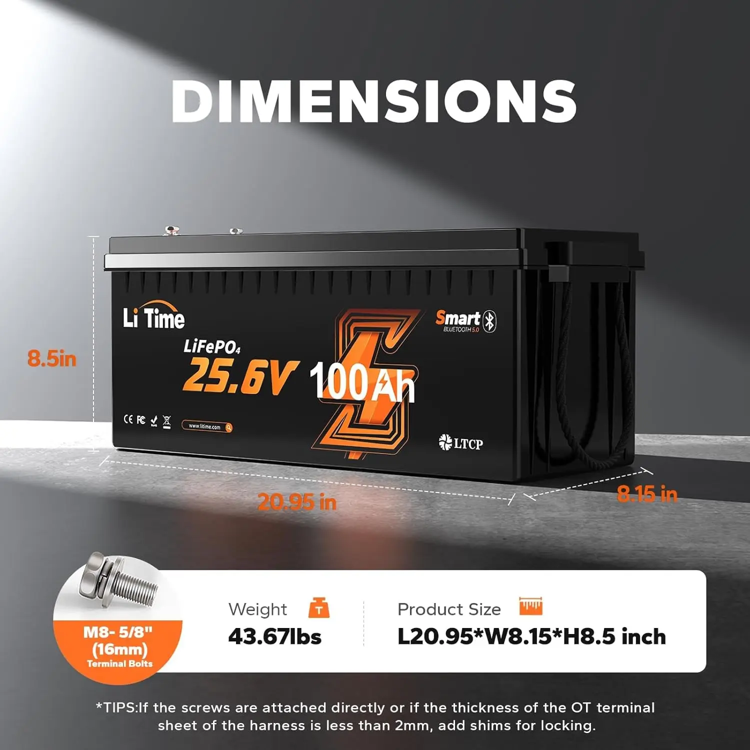 24V 100Ah Bluetooth LiFePO4 Lithium Battery with 29.2V 20A Charger, Built-in 100A BMS, Low-Temp Protection, 4000+, Custom