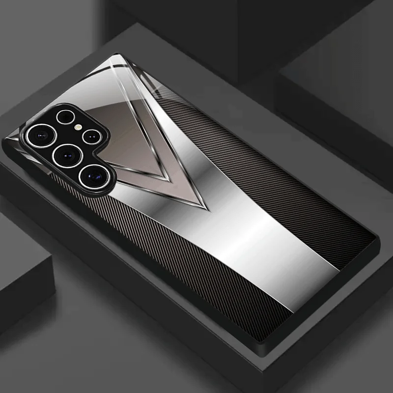 Metal V-shaped pattern tempered glass phone case suitable for Samsung Galaxy S26 S25 S24 S22 S21 S20 FE/Ultra/Plus anti drop