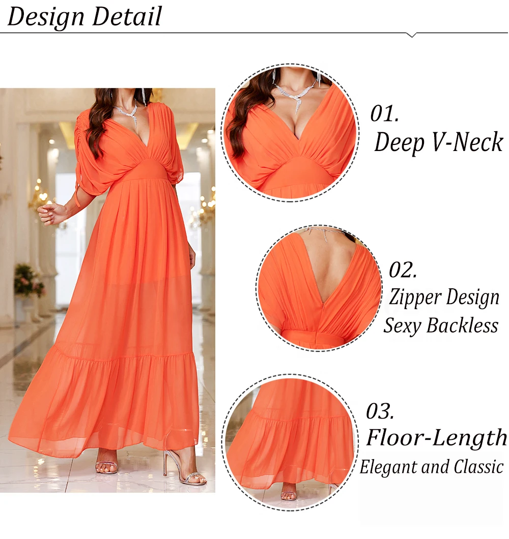 VITRCHP Orange Evening Wedding Party Dresses V-Neck Sexy Tulle Long Dress For Dancing Parties Prom Gown Summer Beach Vestidos