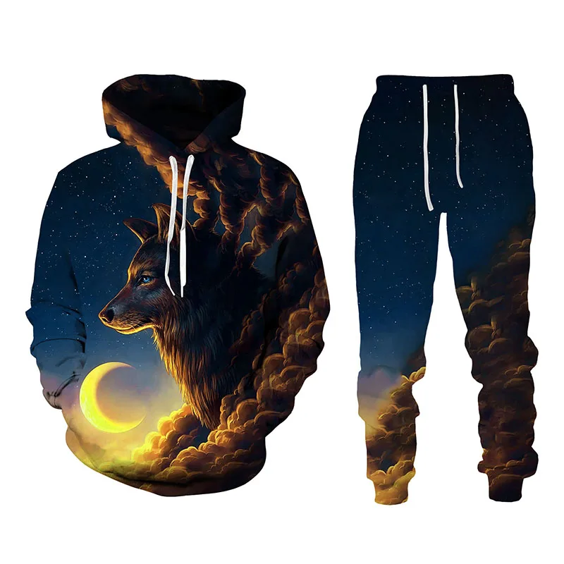 Autumn Winter 3D Animal Ferocious Wolf Printed Men's Hooded Sweater Set Male Sportswear Tracksuit Long Sleeve Men Clothing Suit