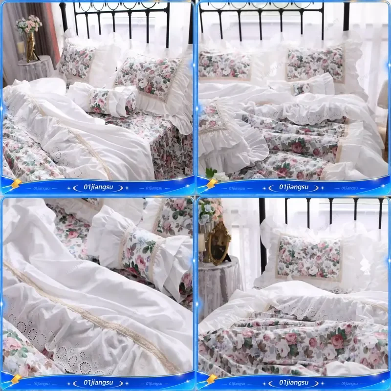 American Style Pastoral Bedding Set Luxury Egyptian Cotton Floral Print Princess Lace Duvet Cover Bed Skirt Pillowcases Home