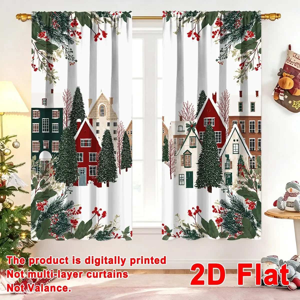 Christmas Village Scene Digital Print Curtains Festive Holiday Window Dressing for Home Decor