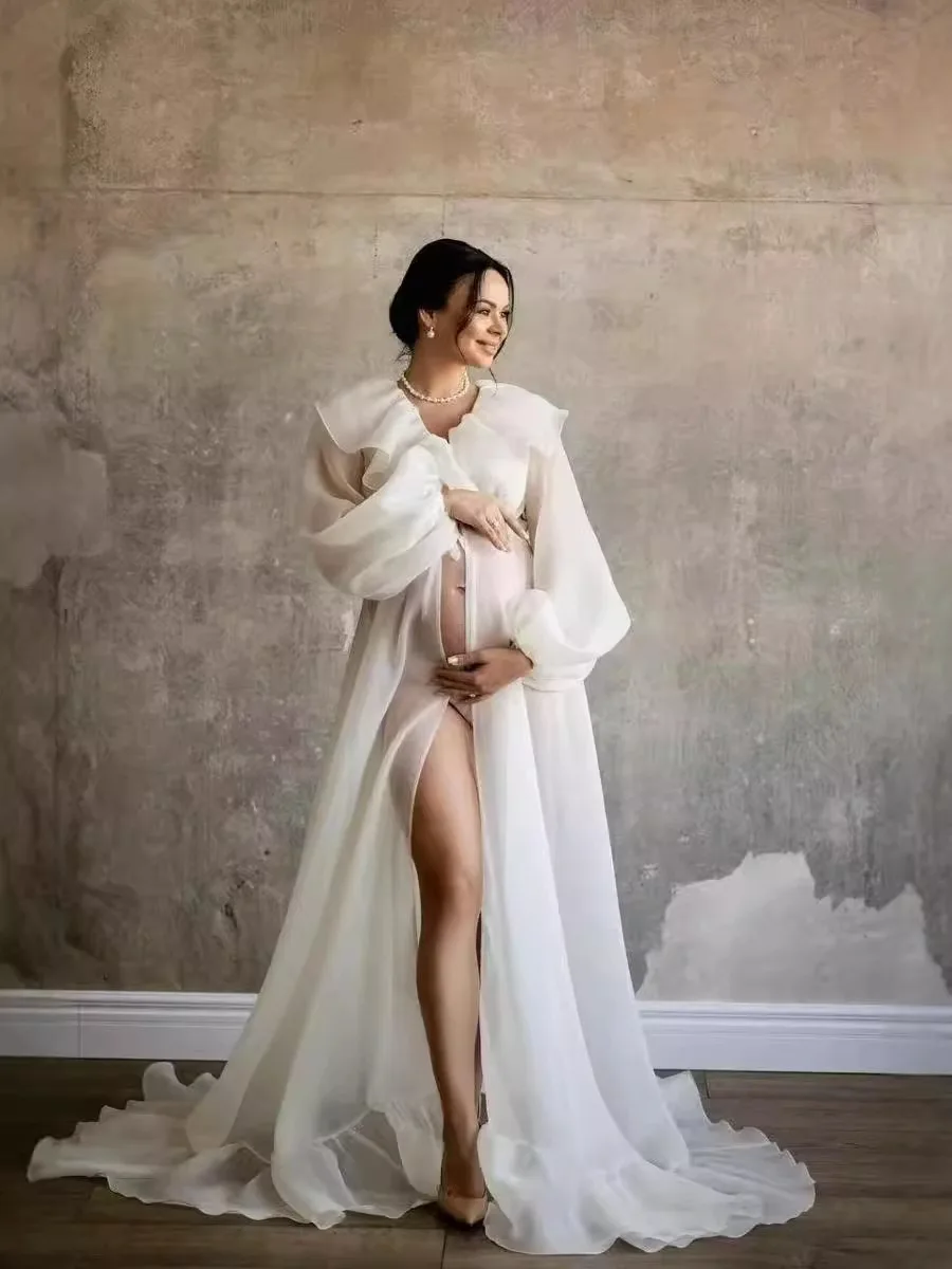 マタニティ写真撮影用ロングシフォンドレス-ラッフルネック-ランタンスリーブ-タイコード付き-妊娠中用ローブ-ベビーシャワー用