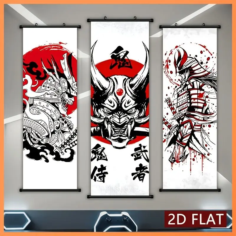 VIKAMA Japanese Samurai Oni Mask Wall Scroll Tapestry Ink Ronin Demon Helmet Katana Red Sun Hanging Scroll Asian Decor