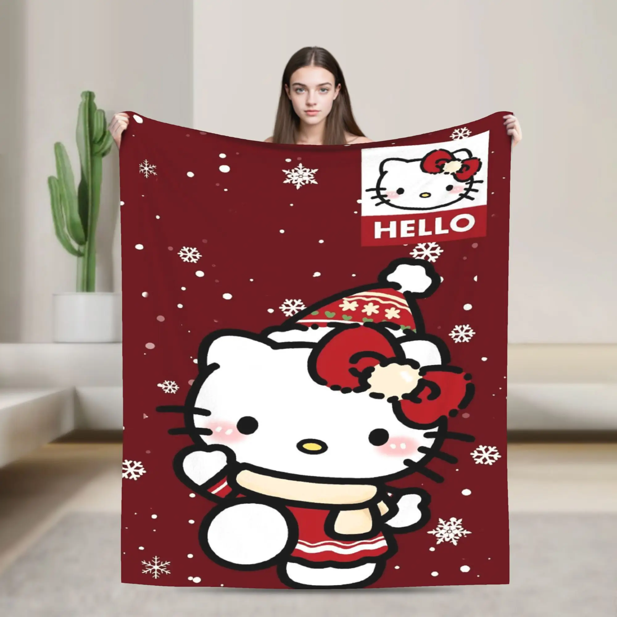 

Красное рождественское одеяло Hello Kitty, фланелевое забавное теплое одеяло для домашнего текстильного декора