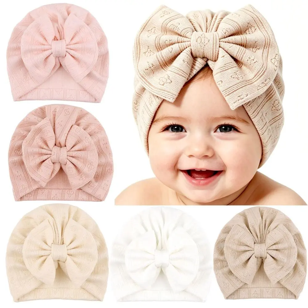 Cute Knitted Baby Turban Hat Breathable Bowknot Design Newborn Head Wraps Versatile Stretchy Knitted Beanies Daily Wear