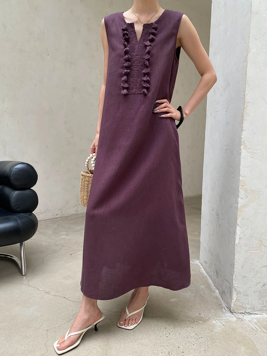 Sommerliches, lässiges, einfarbiges, ärmelloses Westenkleid für Damen mit V-Ausschnitt, Stickerei und Quasten – Detail 17
