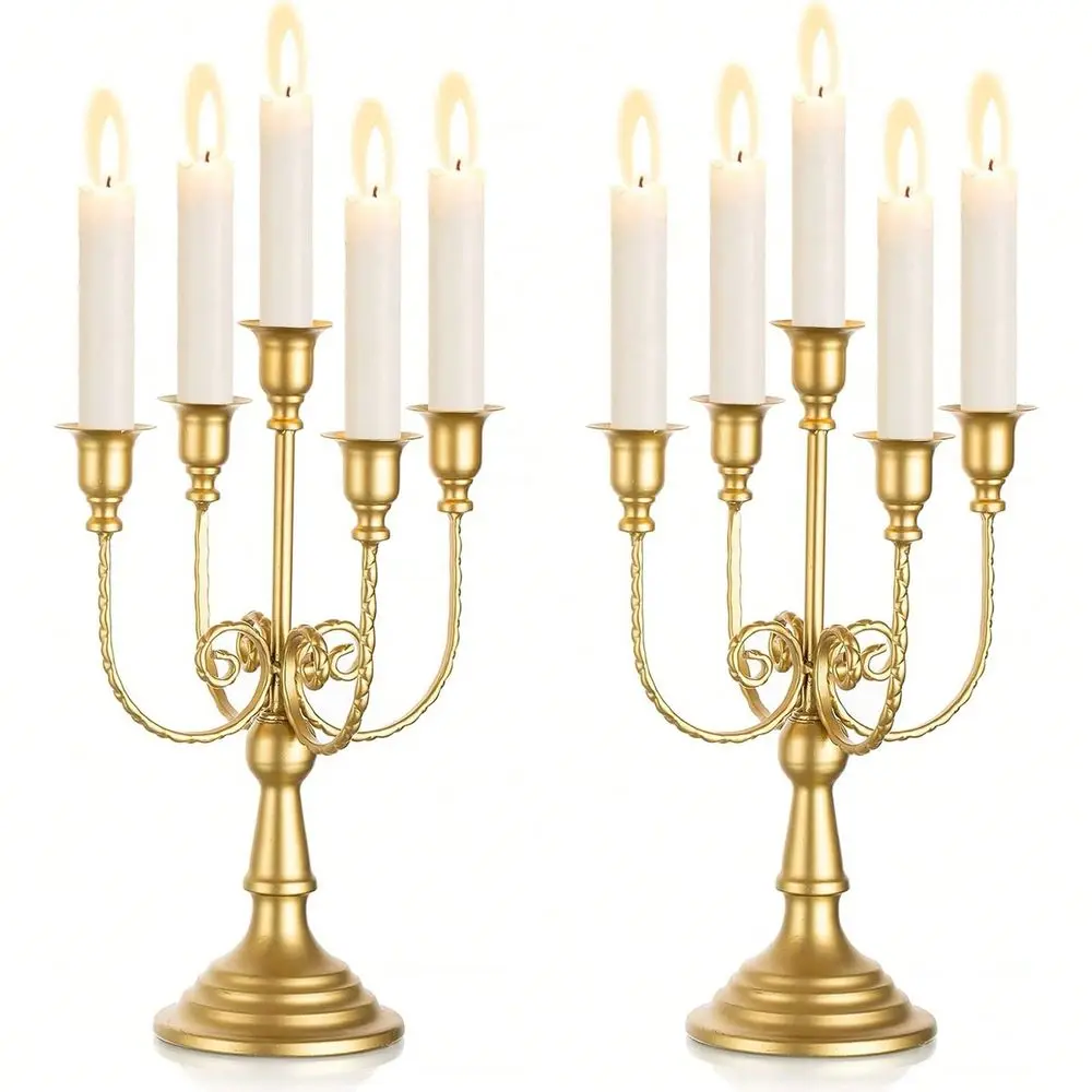 Pack 11.8Inch Gold Candelabra Centerpieces, Metal Candle Holder For Tables, 5 Arm Candelabras Centerpieces For Taper Candles, B