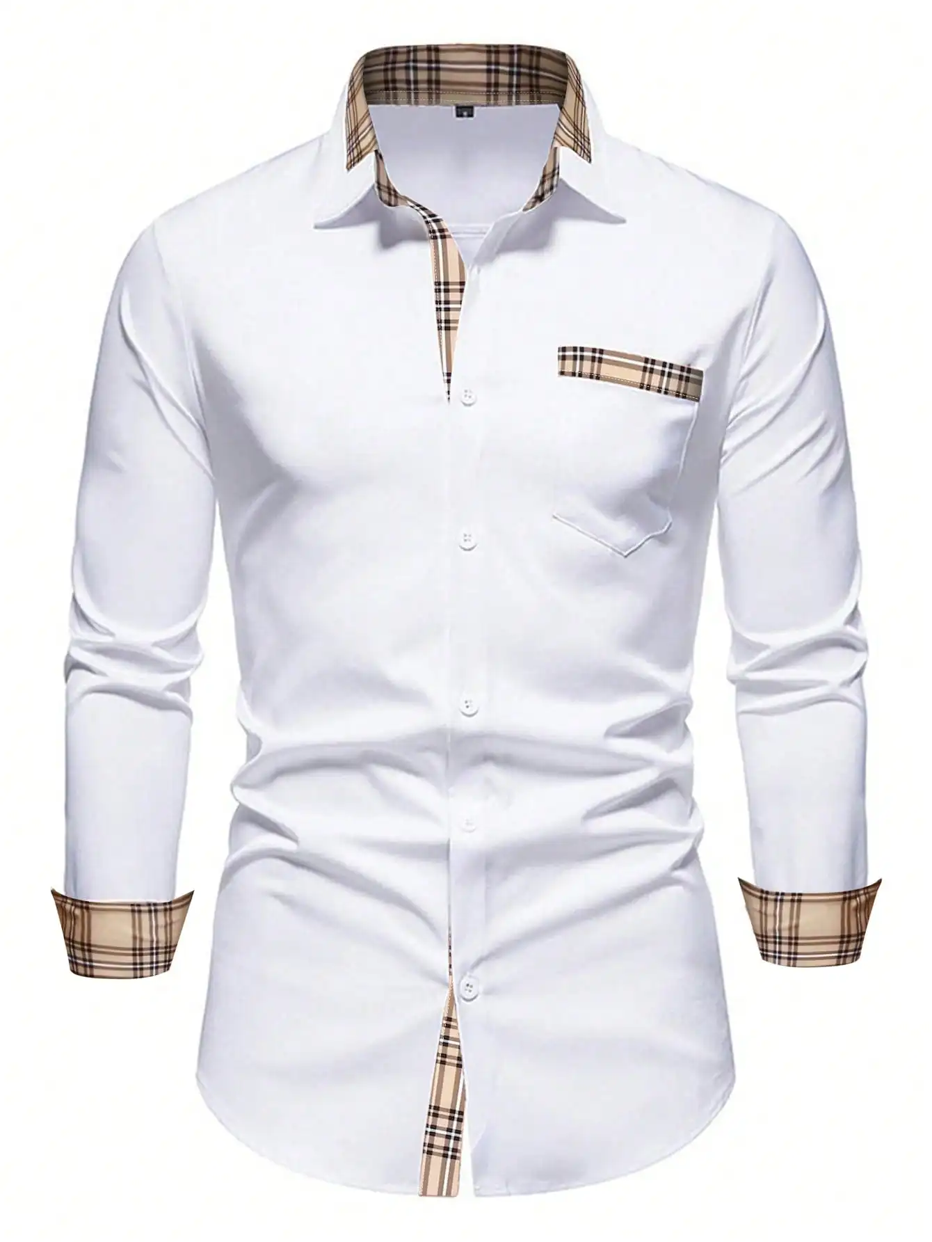

Мужская белая повседневная рубашка с длинным рукавом, клетчатой отделкой на воротнике и манжетах, с карманом