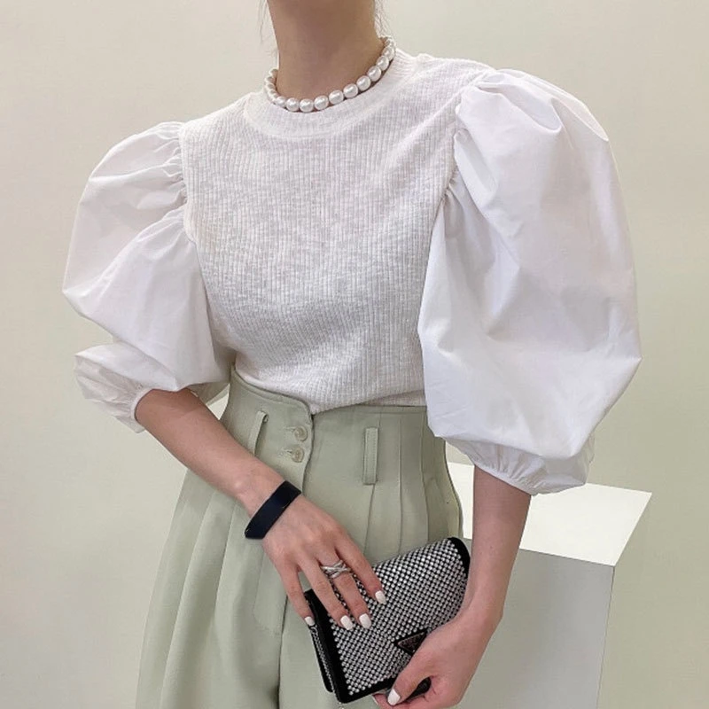 WAKUTA Lantern Sleeve Patchwork Knitted Blouses Women Ins 2024 Korean Style Offical Elegant O Neck Females Pullovers Tops 9C801