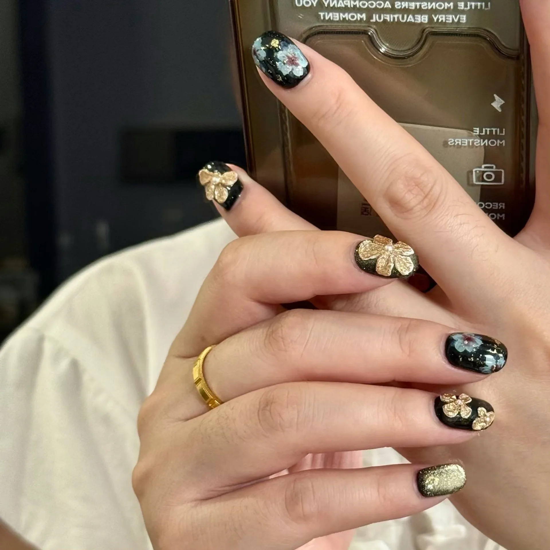 

Niche Aesthetic Press-On Nails - Vintage Black Gold 3D Floral, Handmade Luxury & Brightening Manicure