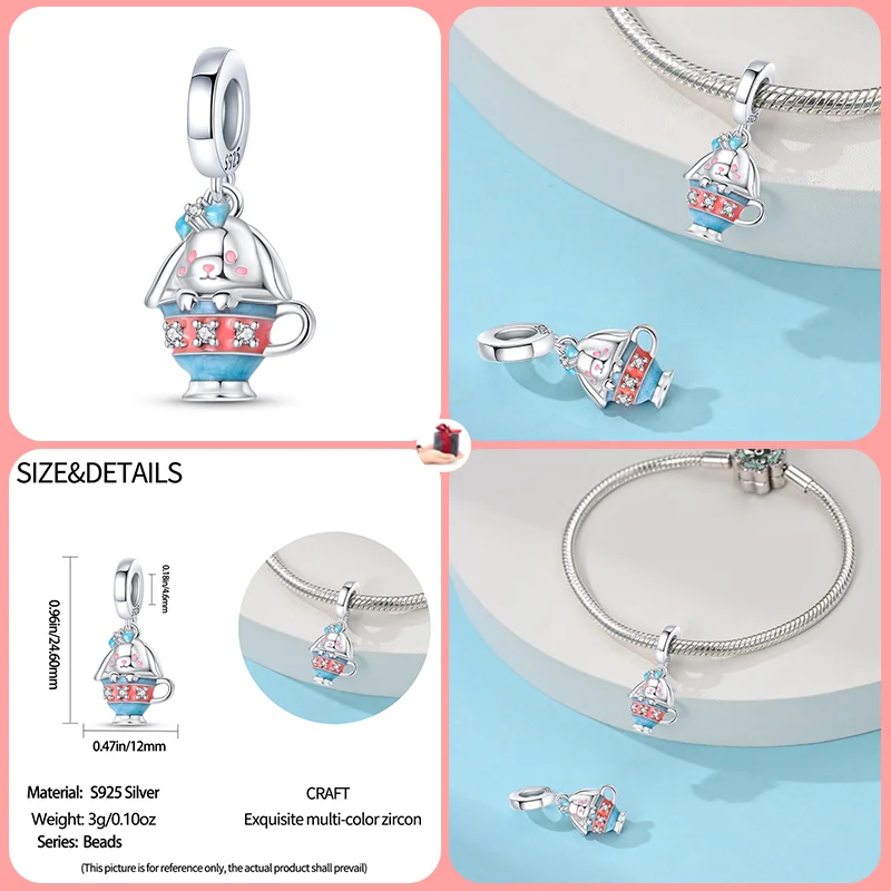 925 Sterling Silver Cute Teacup Rabbit Cat Vacation Surfing Cat Charm Bead Fit Charms Pandora Original Bracelet DIY Jewelry Gift