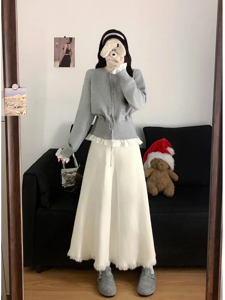 

Вязаный кардиган больших размеров для женщин: новая осенне-зимняя коллекция, юбка с завышенной талией, омолаживающий эффект, нежный дизайн, комбинированный крой