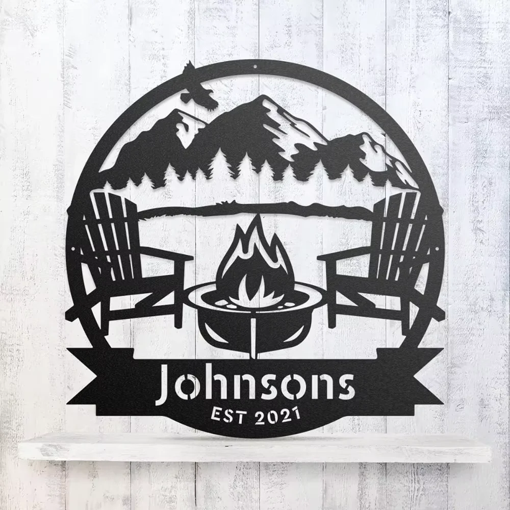 

Custom Metal Wall Art Campfire Name Sign Intricate Adirondack Chairs, Mountains, Firepit Personalized, Adds Charm