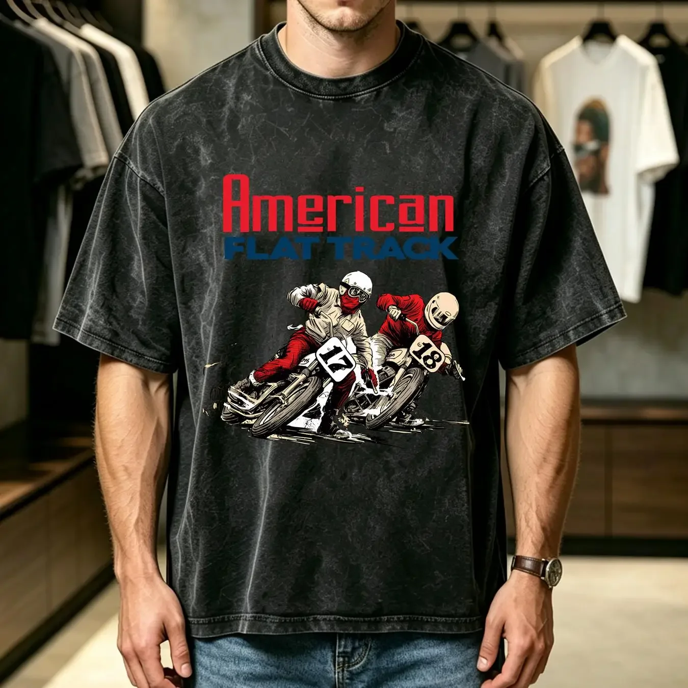 washed T Shirt AMA American Flat Track Motocross Men's Gray Size S 3XL vintage Washed Top For Everyday Wear Versatile Casual