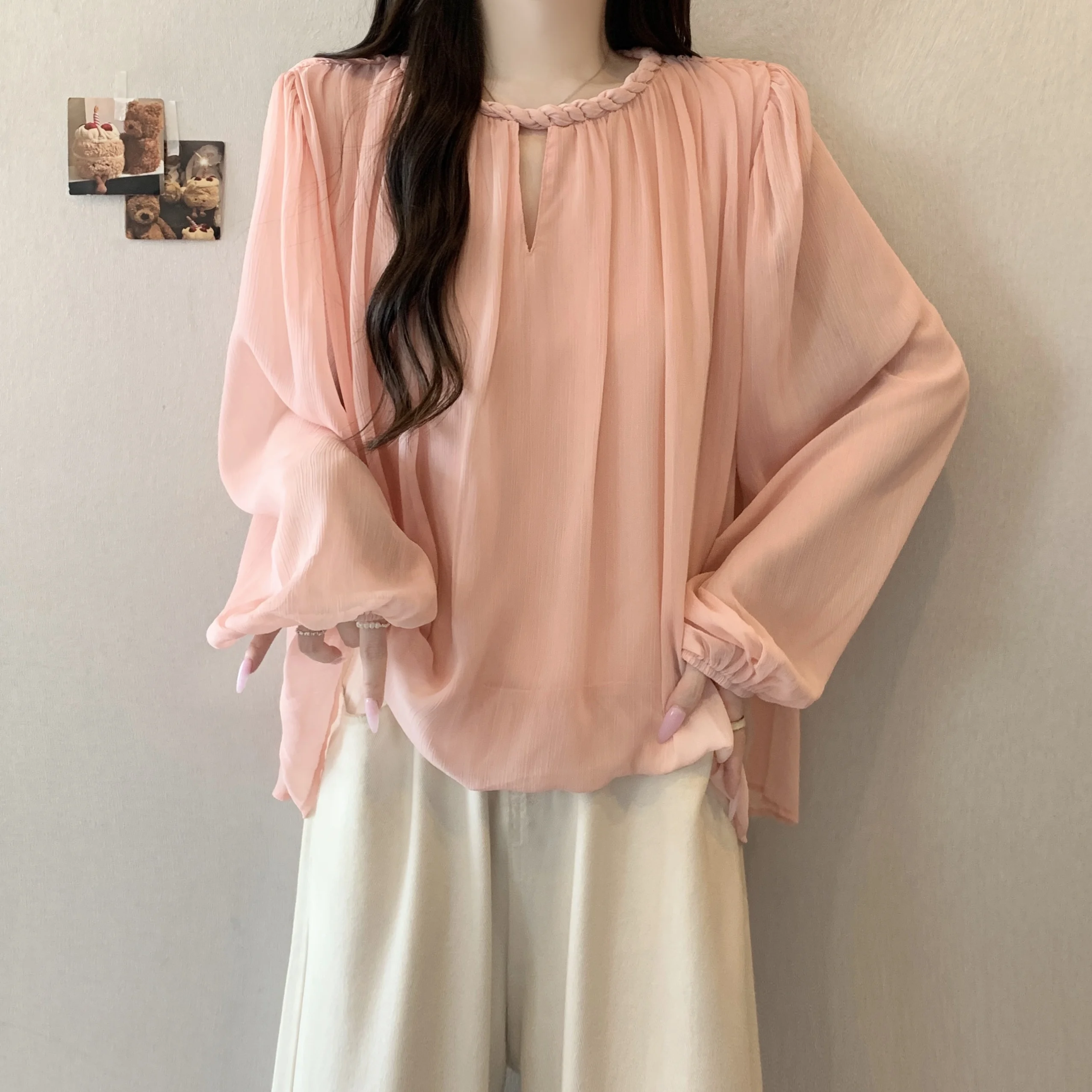 Fashionable Flowing Chiffon Top Irregular Design Meat Concealing for plus Size Women Low Waist Linen Fabric Shoulder Sleeve