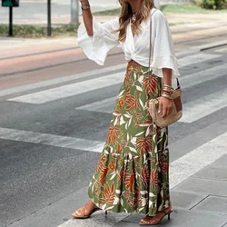 Elegant Women Green Print Elastic Waist Skirt Spring Summer Femme Patchwork Slim SkirtStreetwear Casual Ankle-Length Long Skirt