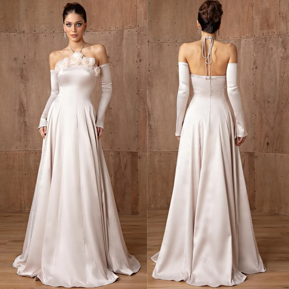 

Customized Elegant Satin Halter Evening Dress Classic Sweep Train Prom Dresses Fashion Flowers Special Occasion Gowns