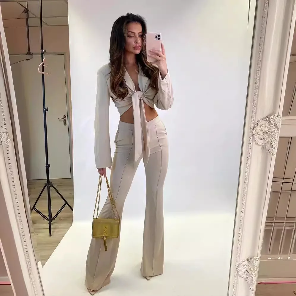 Strapped Long Sleeved Shoulder Padded Suit Top Tight Flared Pants Set New Two-piece Set Autumn Lapels Are Soft and Comfortable