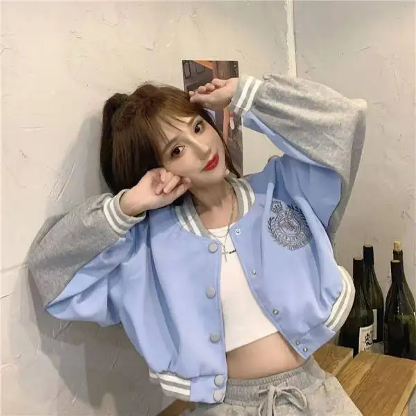 Gray Retro Style Short Baseball Jacket Women's Spring Autumn New Small Size Coat Top Initial Autumn Commute Style Regular Sleeve