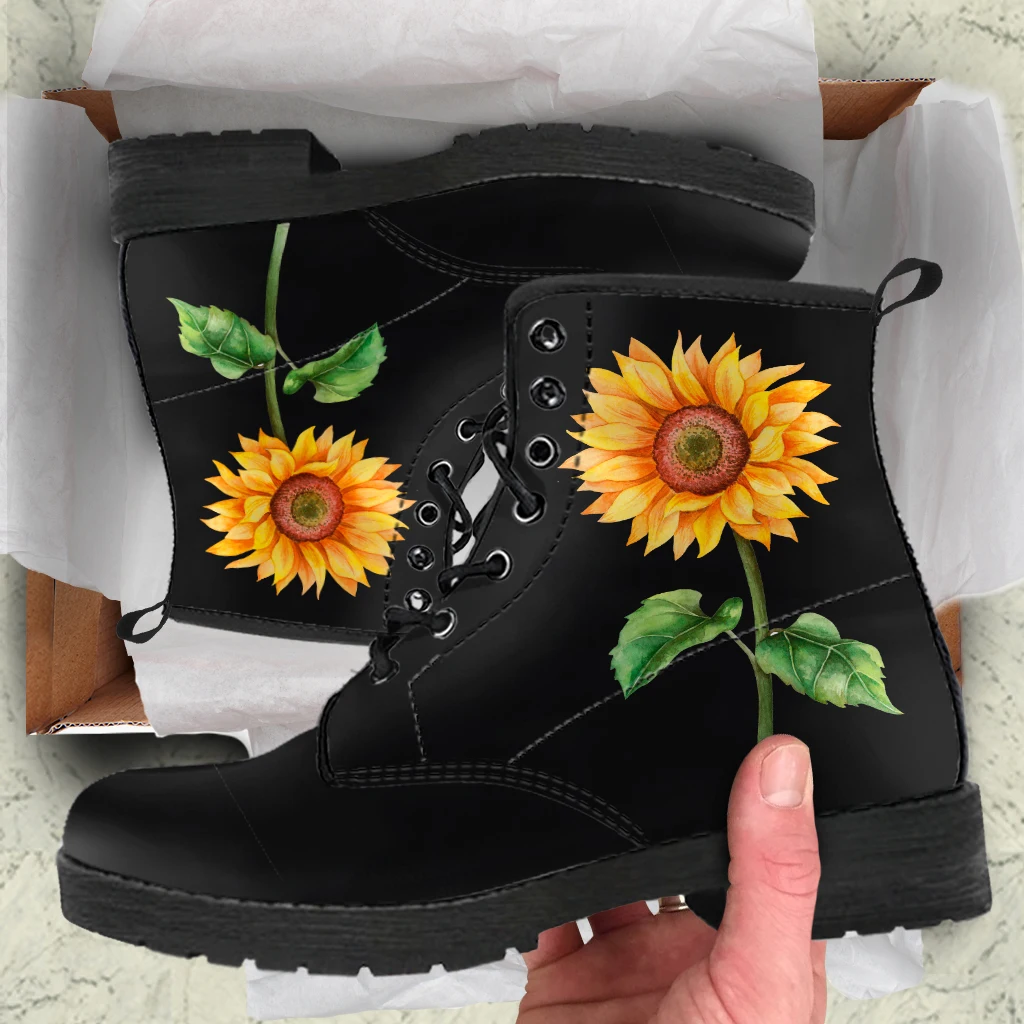 Fashion Sunflower Design Women Leather Ankle Boots Round Toe Shoes Short Boots Print On Demand All-match Casual Booties for Lady