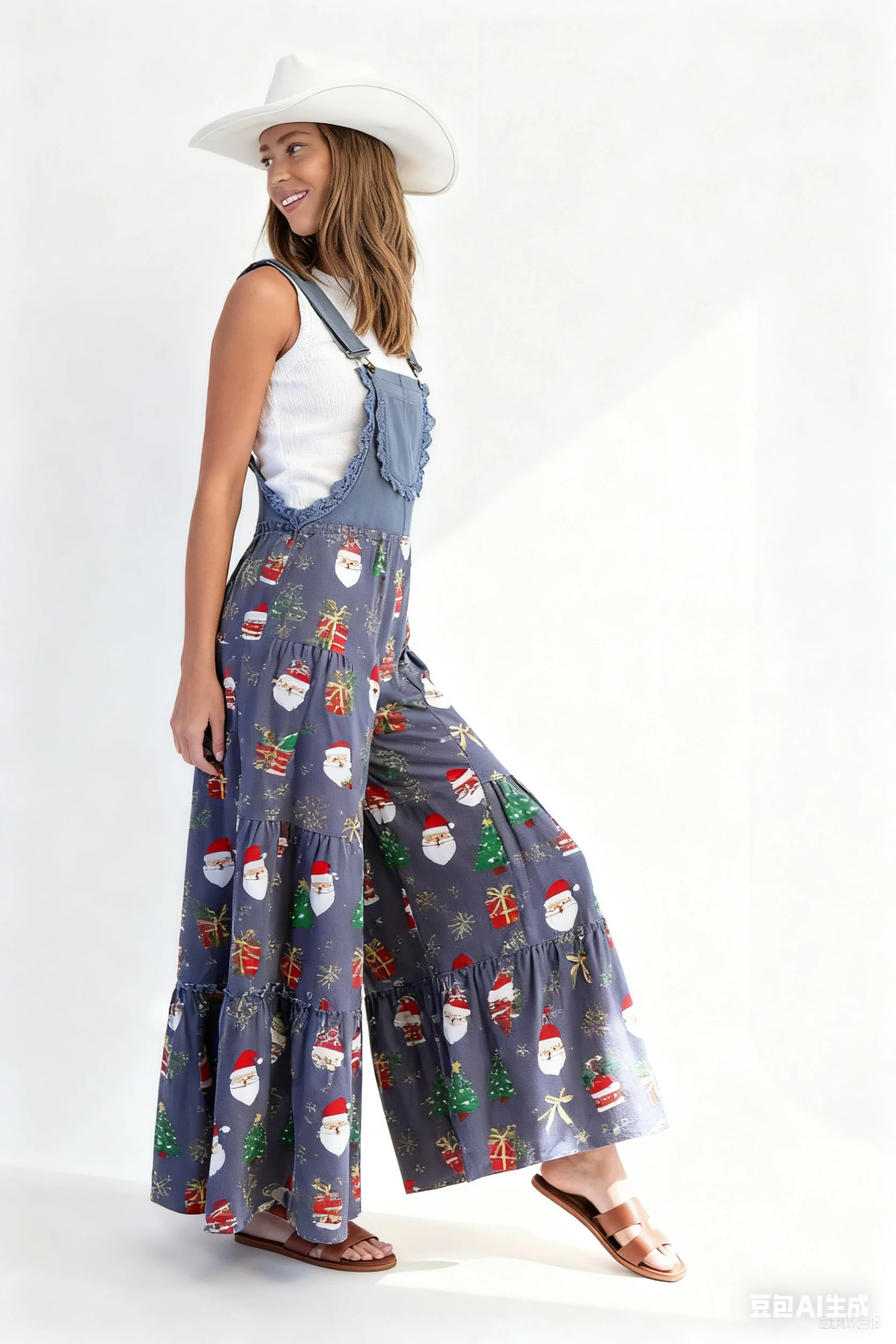 

Women Christmas Jumpsuits Sleeveless Lace Patchwork Christmas Themed Print Baggy Wide Leg Overalls