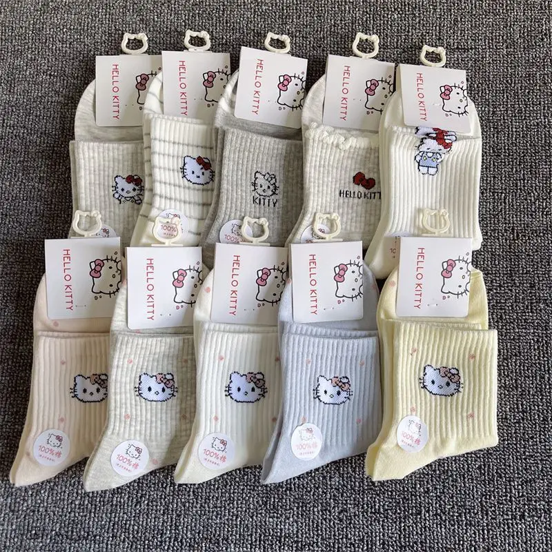 

10 Pairs for Hellokitty Women Mid-Tube Socking Comfortable Soft Solid-colored Socks Cartoon Gift for Girl