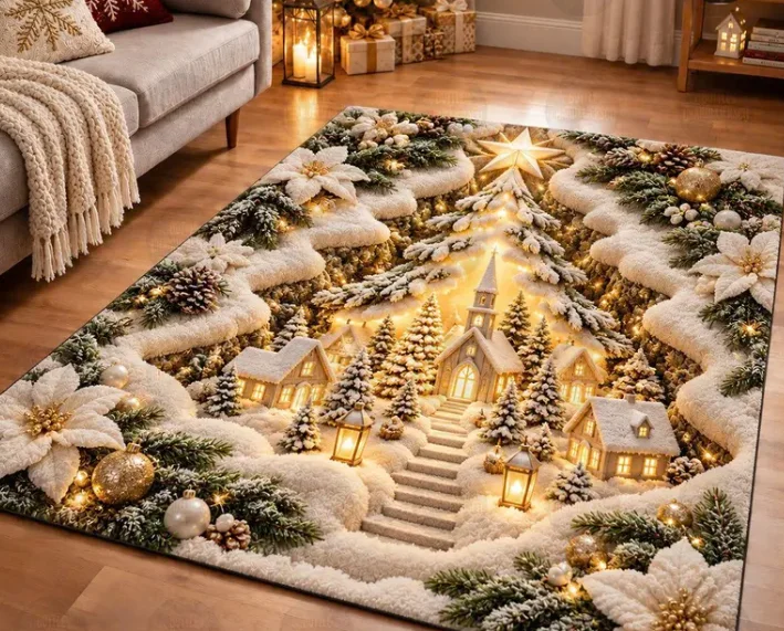 2D Holiday Village Kitchen Mat, Winter Wonderland Doormat, Christmas Home Decor
