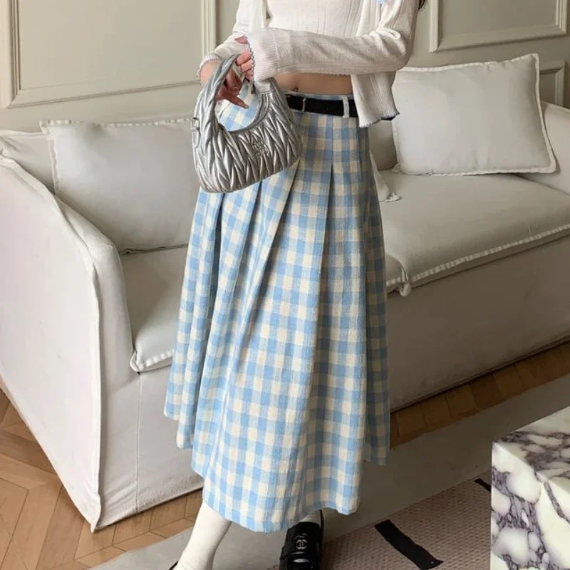 HOUZHOU Preppy Style Plaid Skirts Women Sweet Elegant Vintage Pleated Long Skirt High Waist Autumn Winter Retro A-line Skirts