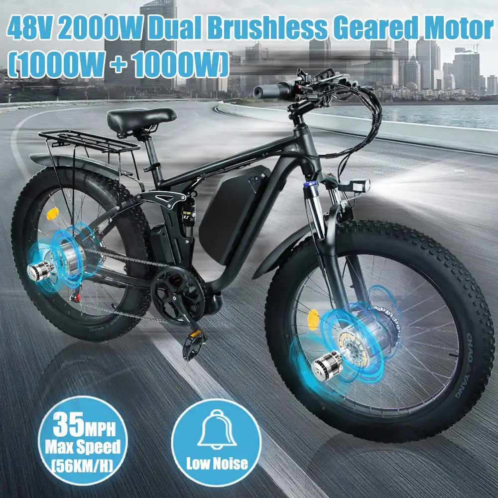 2000W Dual Motor Electric Mountain Bicycle 48V 22.4AH Full Suspension City Road Ebike 26" Fat Tire E Bike V3 MTB Velo