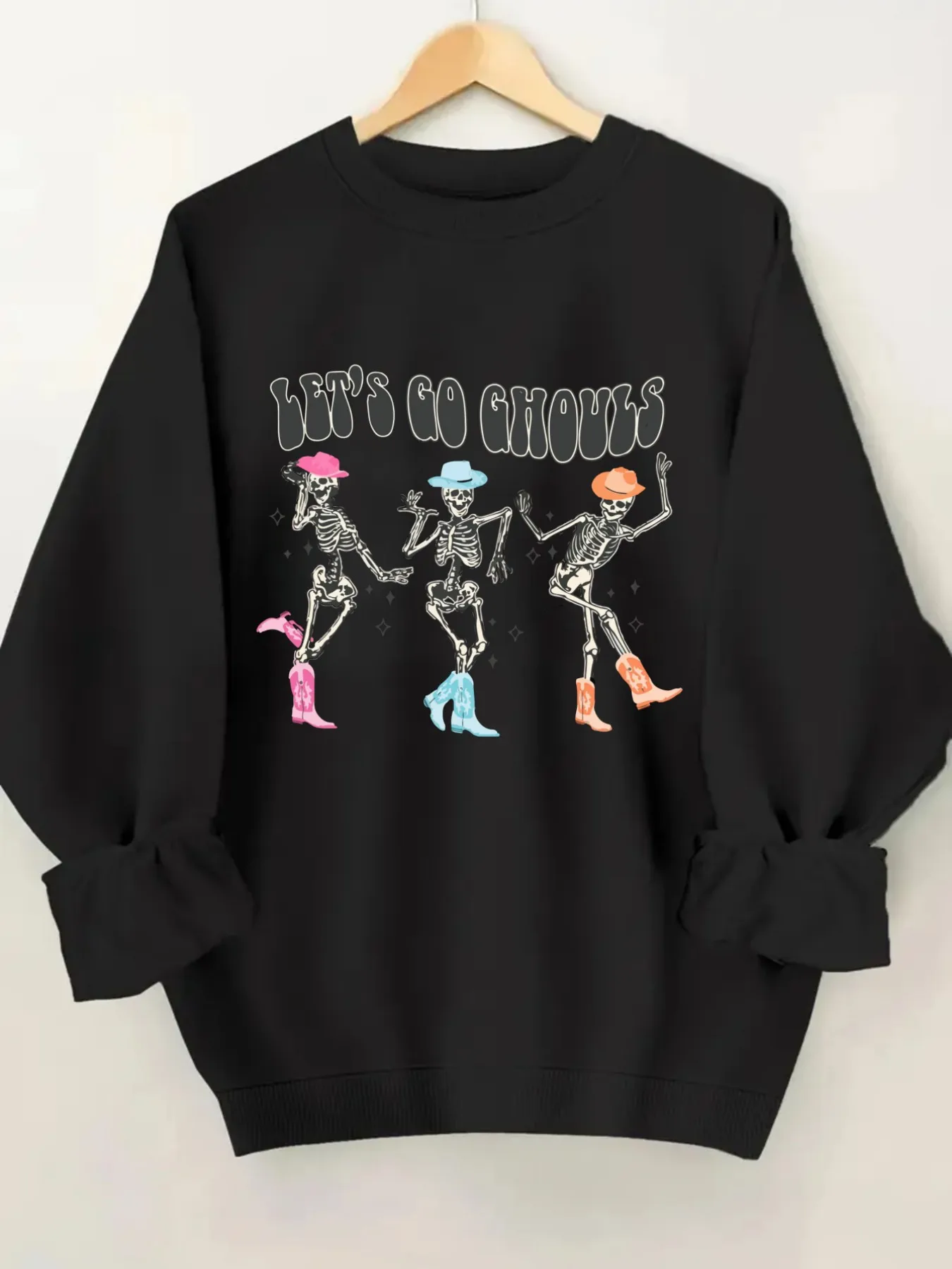 Women's Crewneck Pullover Sweatshirt Lets Go Ghouls Design, Soft Casual Long Sleeve, Daily Casual Top Outfit, Winter Women's Clothing, Halloween Costume Outfit