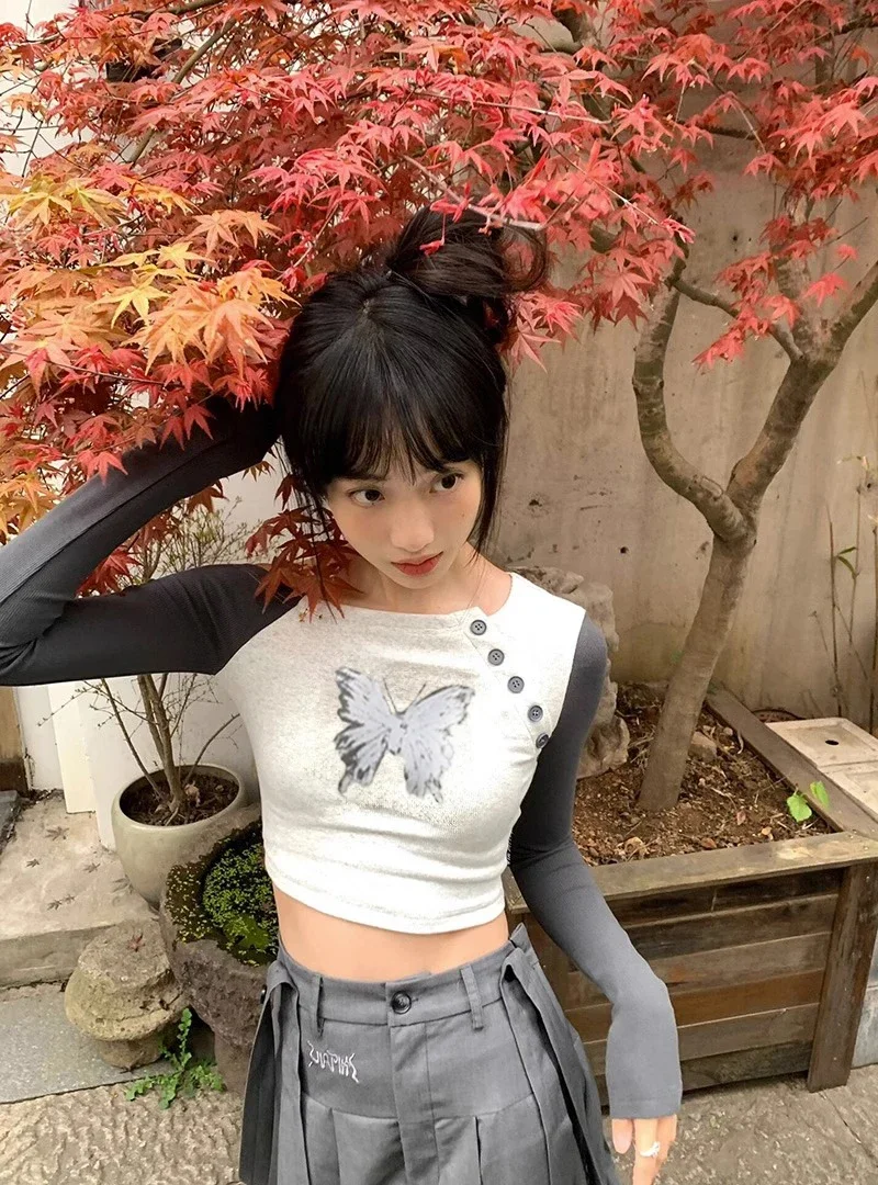 Camiseta Grunge con estampado gótico para mujer, Tops Vintage irregulares Y2k, ropa de calle, Tops cortos Fairycore, camiseta de estilo coreano de los años 2000