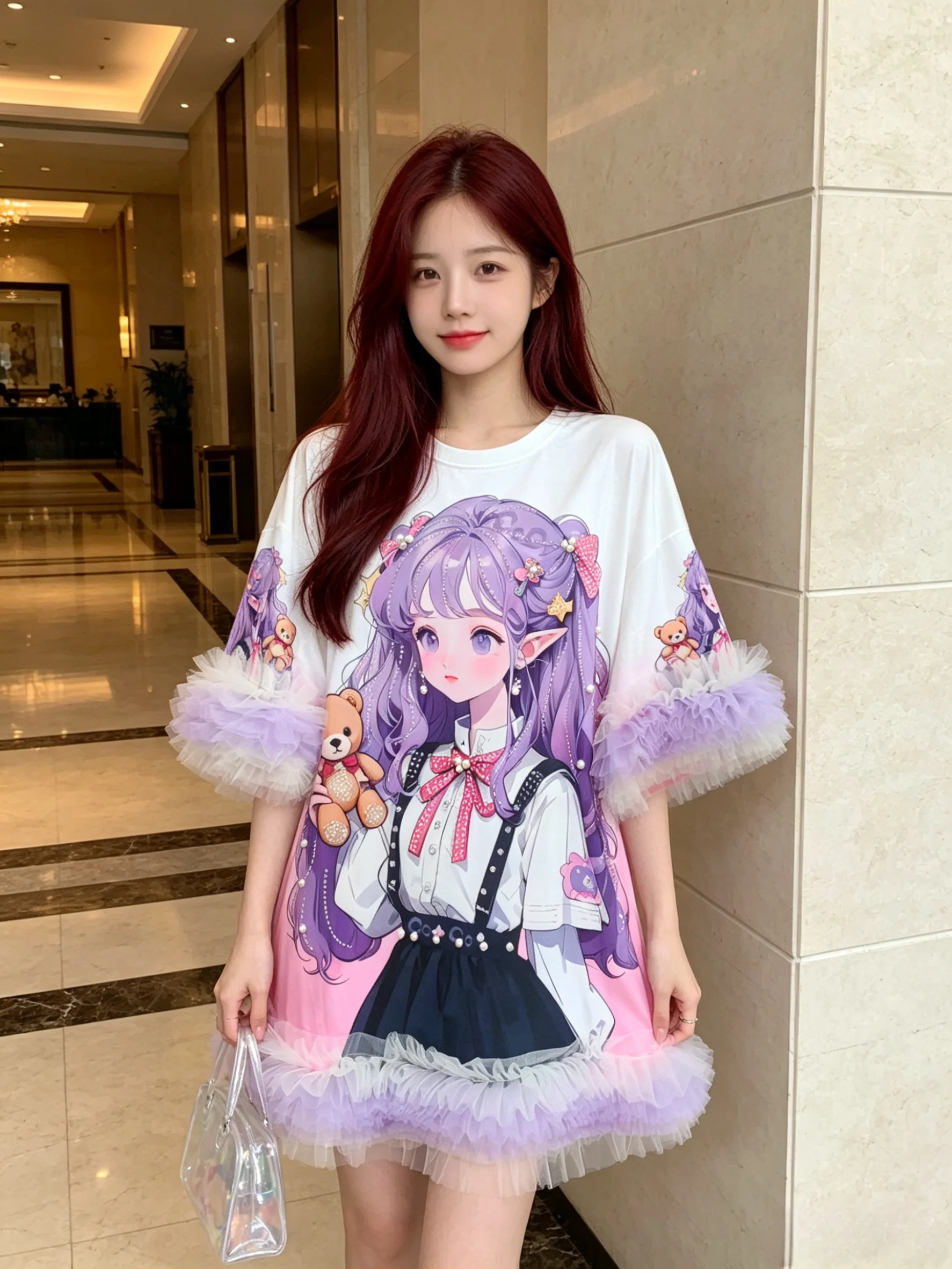 Sweet Dopamine Travel Photography Cartoon Printed Oversize Short Sleeve T-shirt Round Neck Elegant Mesh Mid-long Fairy Dress Top