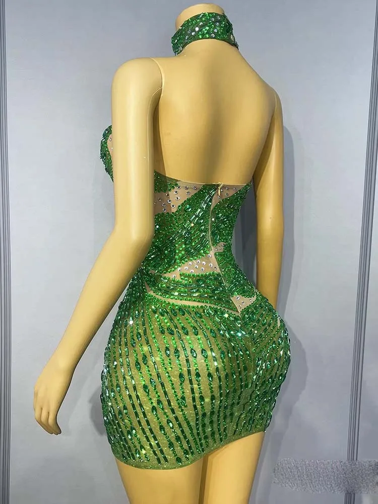 Wysokiej jakości zielona sukienka z cyrkoniami, seksowna, z odkrytymi plecami i wiązaniem na szyi, nowa kolekcja 2025, odzież damska na zamówienie.