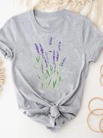 Women Clothing Print Gray T Shirt Short Sleeve Summer Top Plant Flower Trend Fashion Clothes Basic Tee Graphic T-shirt