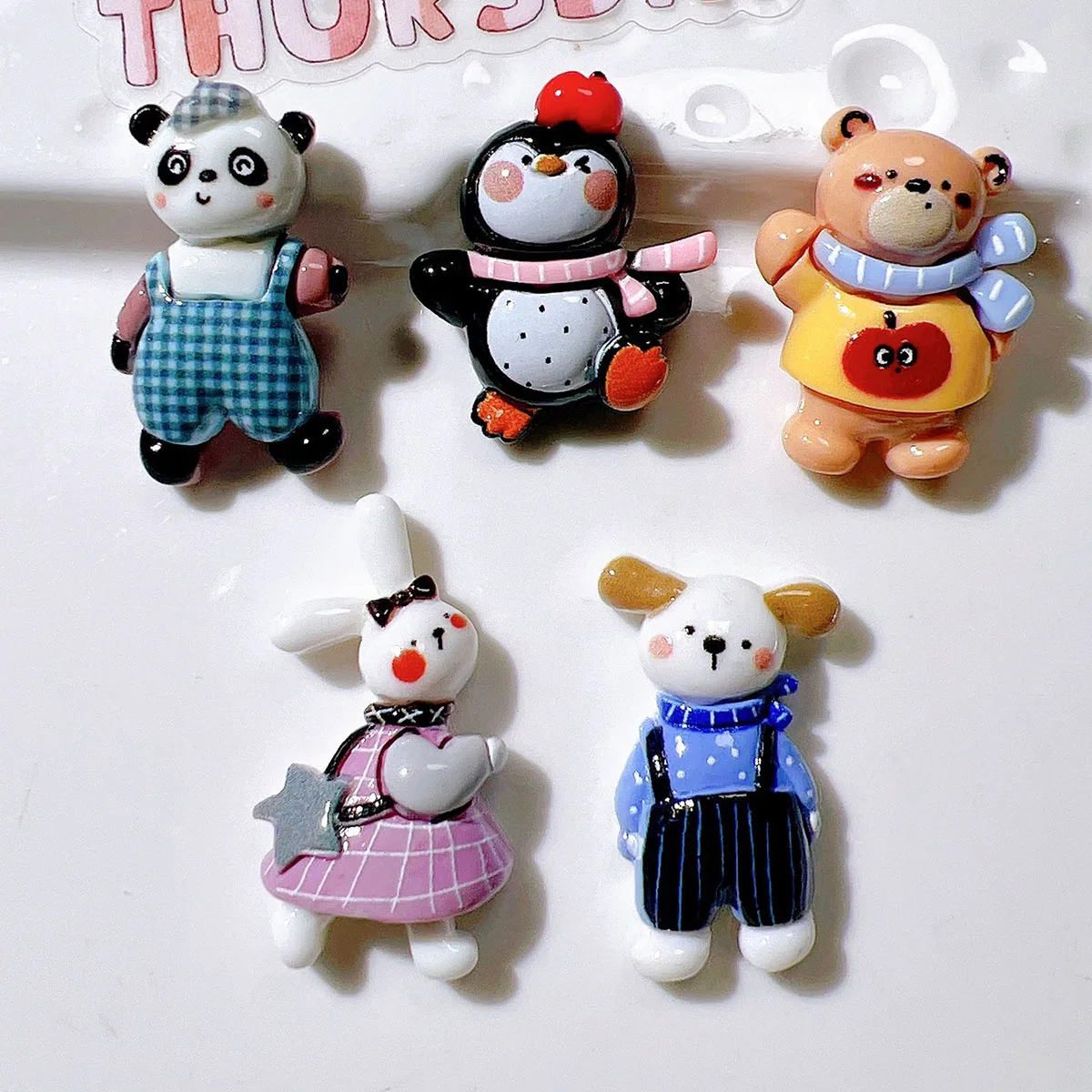 10Pcs Resin Colorful Cute Panda Rabbit Bear Penguin Dog Flat back Stone Cartoons Scrapbook Figurine DIY Decor Accessories Crafts