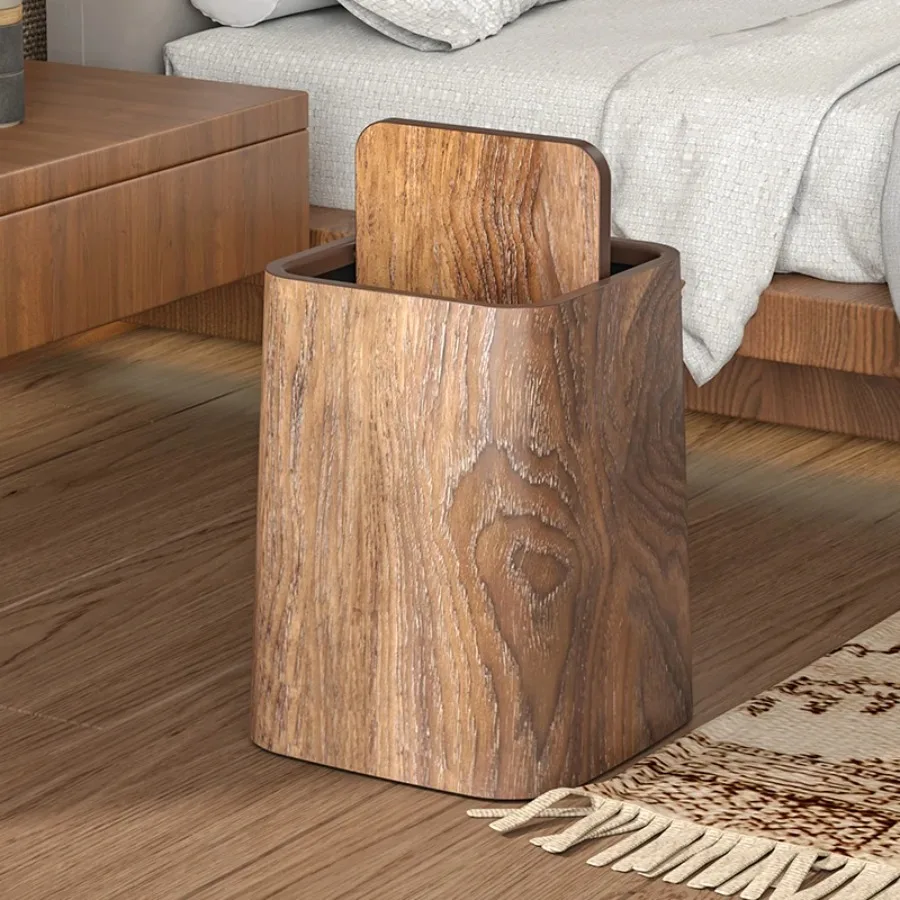 Large Size PP Plastic Wooden Texture Trash Can Waste Bin Square Shape for Bedroom Bathroom Household Cleaning Durable Lidded