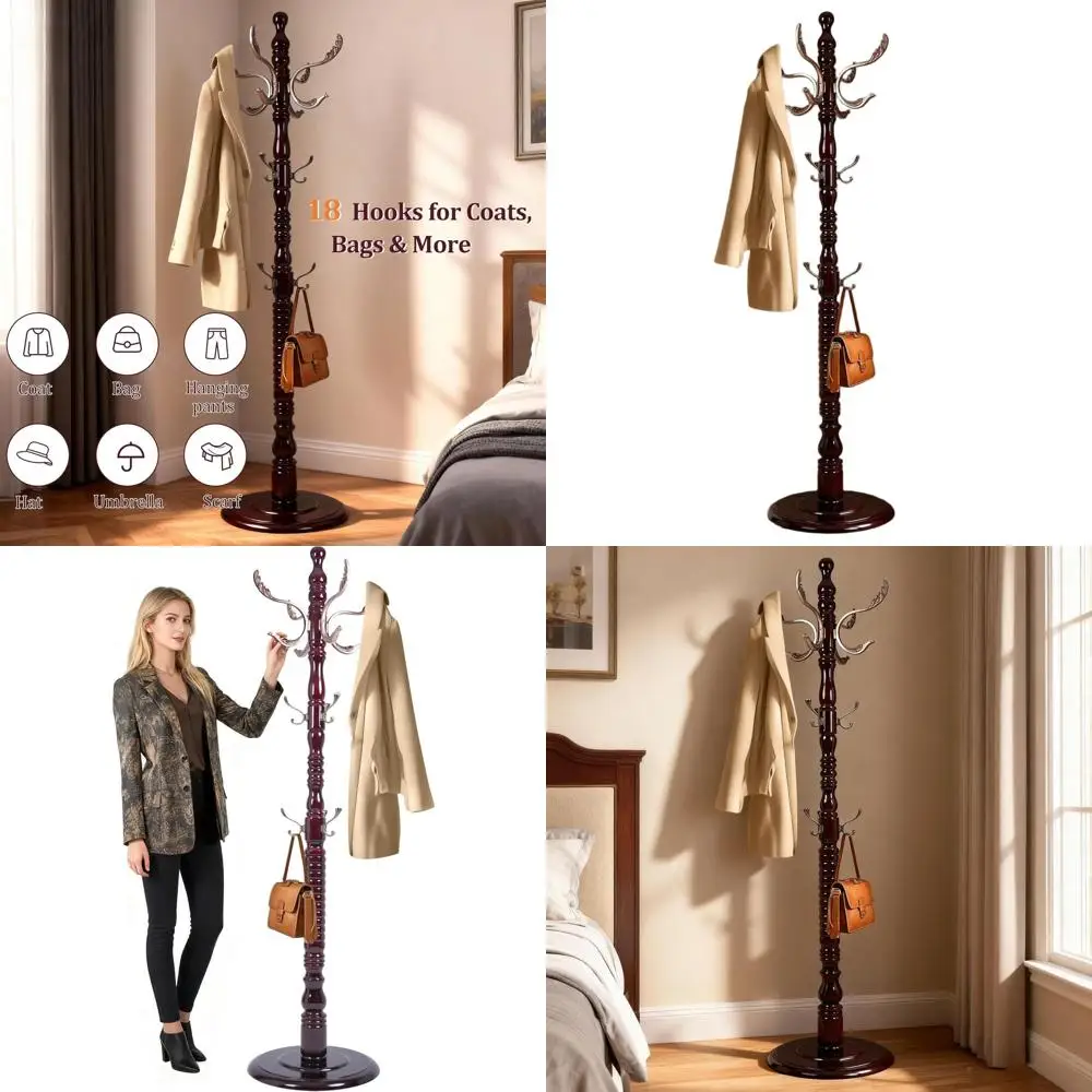 Vintage Wooden Coat Rack with 18 Hooks, Sturdy Base, Adjustable Levels for Home and Office