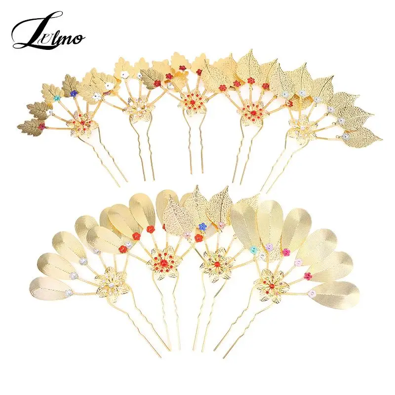 Southeast Asia Thai Dai Hairpin Big U-shaped Hair Needle Vintage Ethnic Style Golden Leaf Bridal Headdress Wedding Hair Ornament