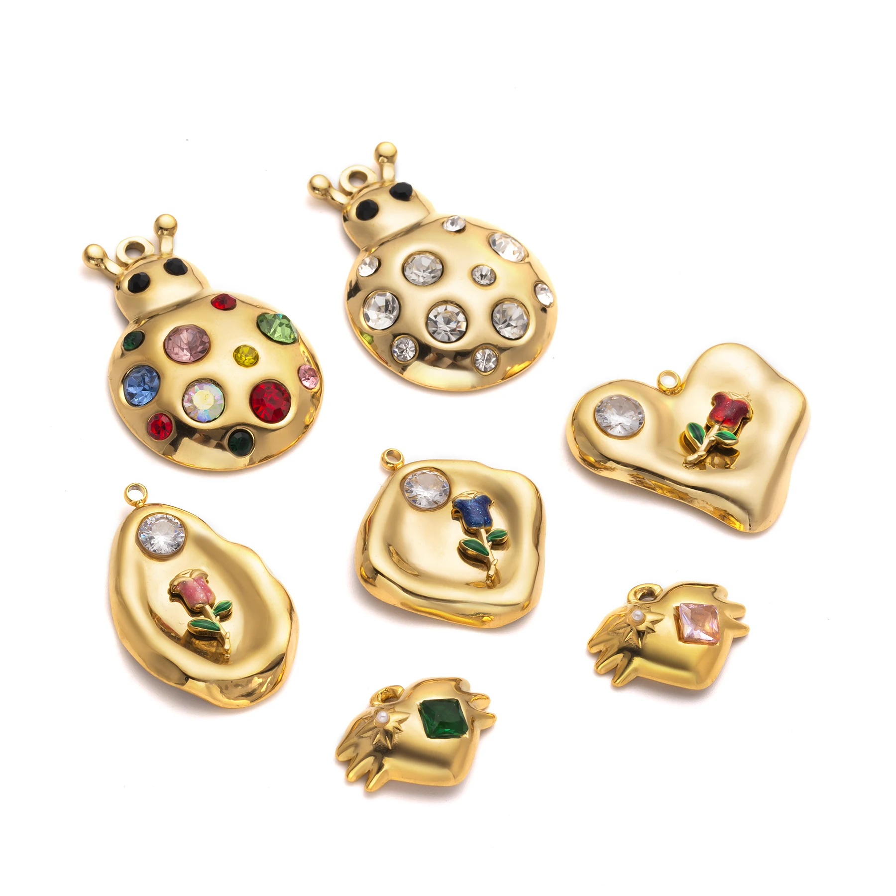 4Pcs Ladybug Charm Stainless Steel Zircon Heart Pendants For DIY Necklace Bracelet Earrings Jewelry Making Accessories