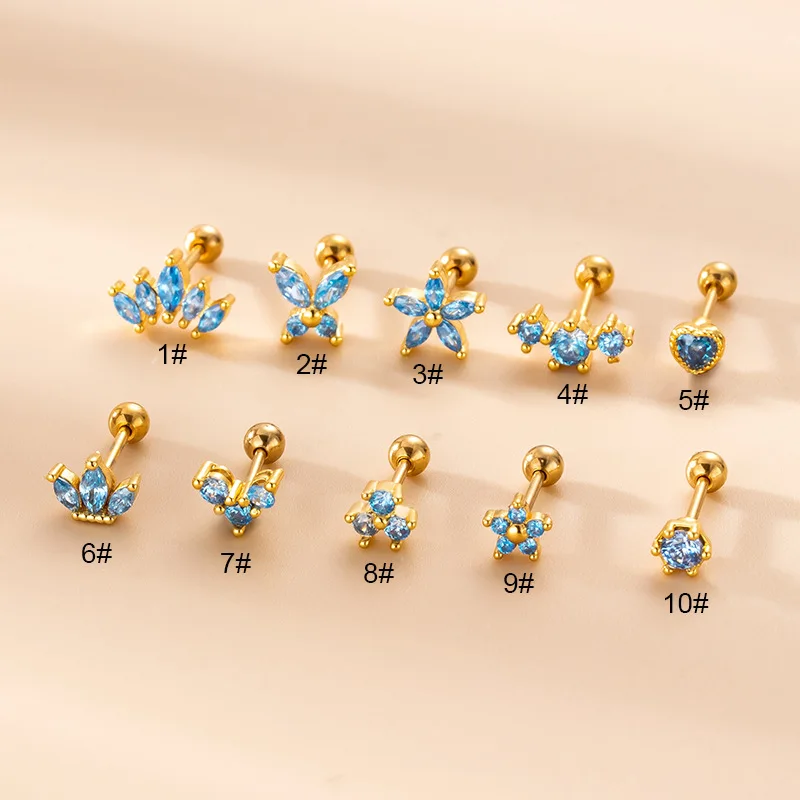 1PC 20G Stainless Steel Blue Cz Cartilage Earrings Piercing Jewelry Butterfly Flower Conch Tragus Helix Screw Back Stud Earring