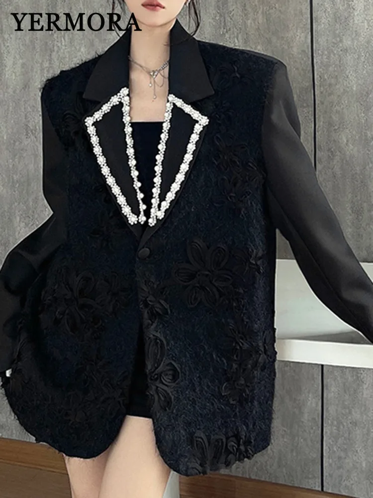 YERMORA Black Jacquard Weave Olivet Casual Blazer For Women Lapel Long Sleeve Loose New Jacket Fashion Tide Spring Autumn 2025