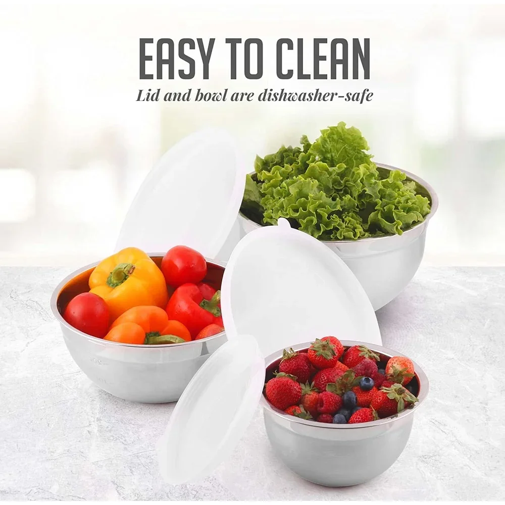 OVENTE ชามผสมสแตนเลสพร้อมฝาปิดชามทํารังพร้อมเครื่องหมายวัดทําความสะอาดง่ายและจัดเก็บการทําอาหารที่สมบูรณ์แบบเบเกอรี่