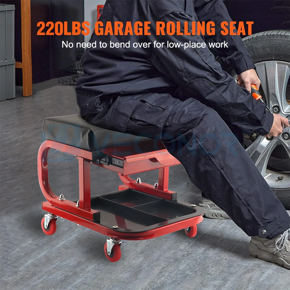 Rolling Creeper Garage/Shop Seat 100KG / 220LBS Wyściełany stołek warsztatowy z tacą na narzędzia i przenośną szufladą