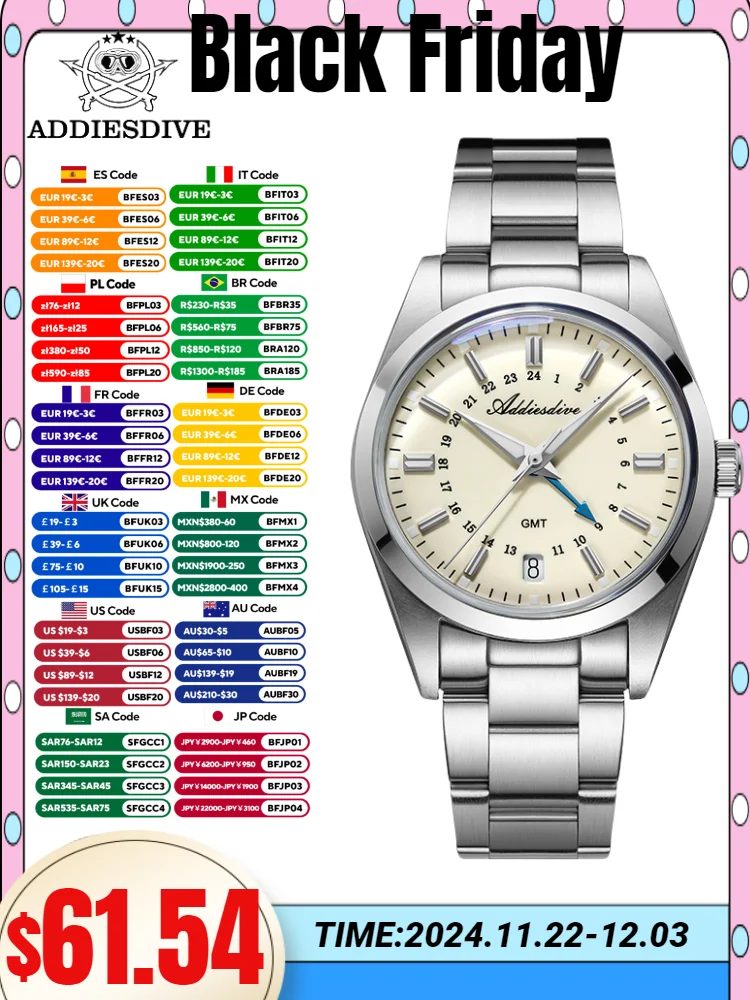 ADDIESDIVE Hot Sale GMT Couple Watches 100m Diving BGW9 Super Luminous Calendar Display 316L Stainless Steel Quartz Watch