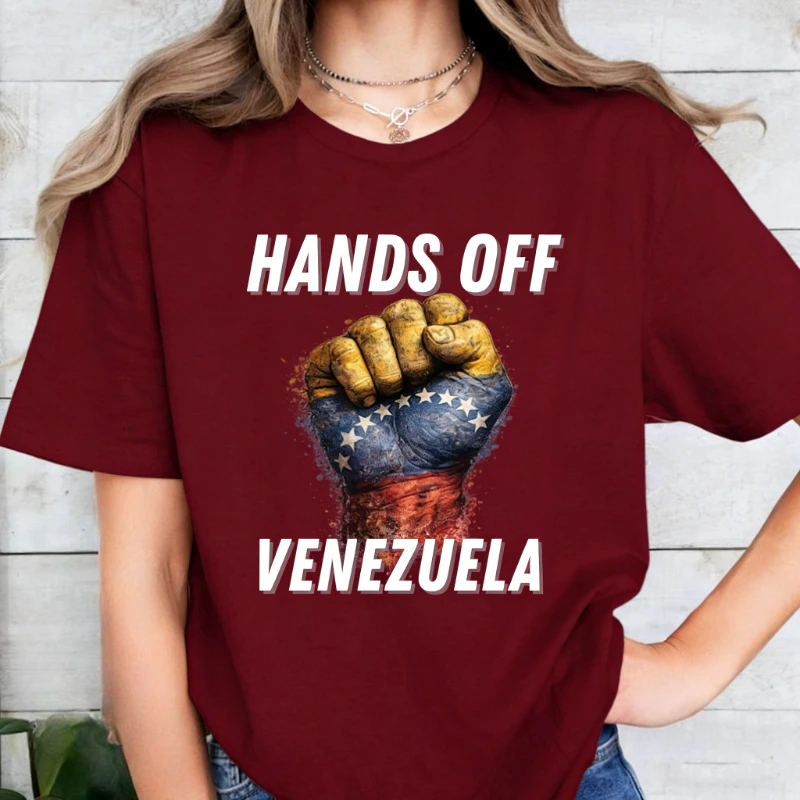 Hands Off I Stand with Venezuela  Anti Unisex Tee No War Free Printed T-shirt Tops Crewneck Casual Style Regular Short Sleeve