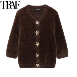 TRAF Furry Knitted Cardigan Outerwears Autumn Short Sleeve Faux Fur Cardigan For Women Winter Button Soft Brown Cropped Sweaters