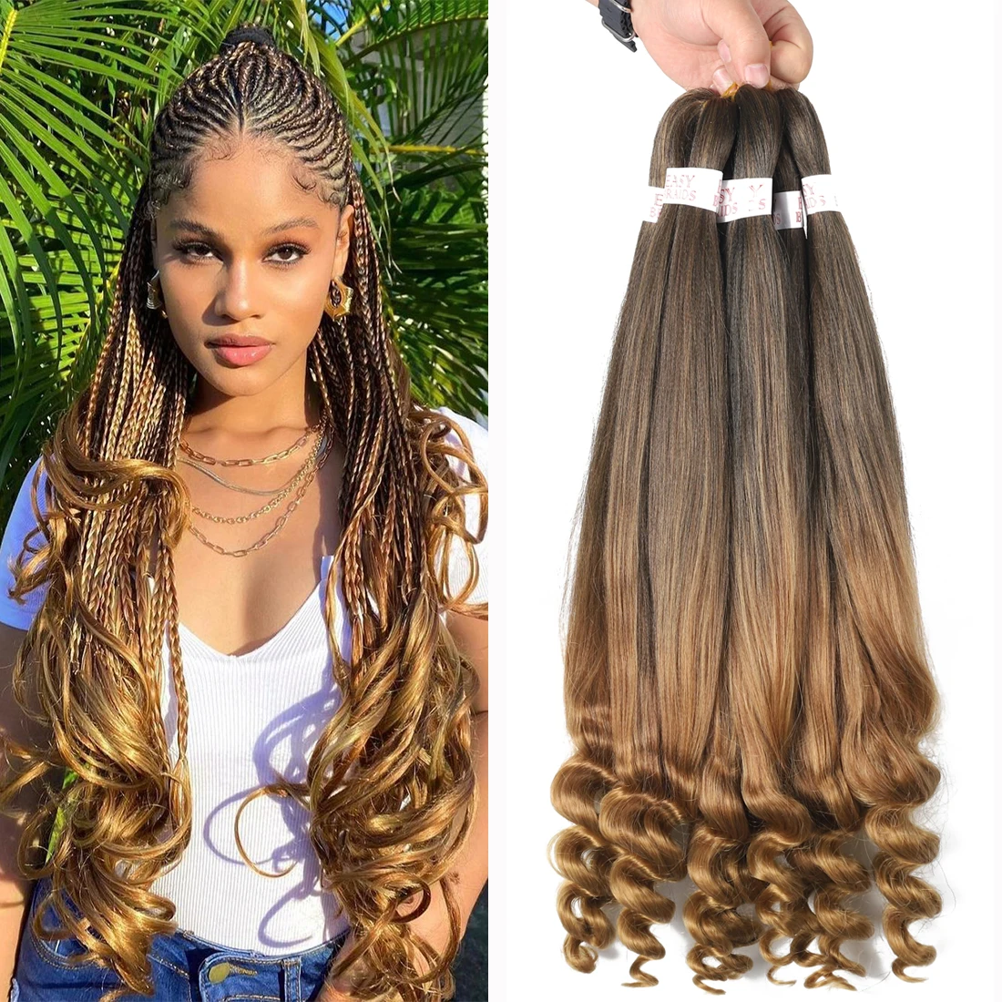 Pré-esticado trança extensões de cabelo Set, francês encaracolado Crochet cabelo, trança sintética, fácil água quente